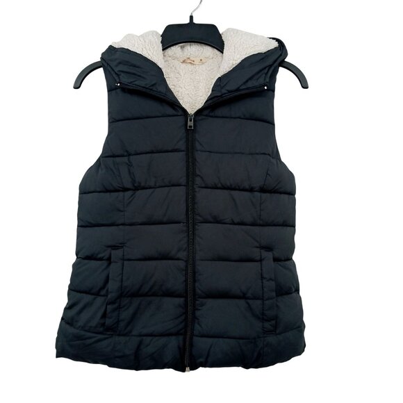 Hollister Black Puffer Vest Sherpa Lining Hood Size Medium - Picture 1 of 9